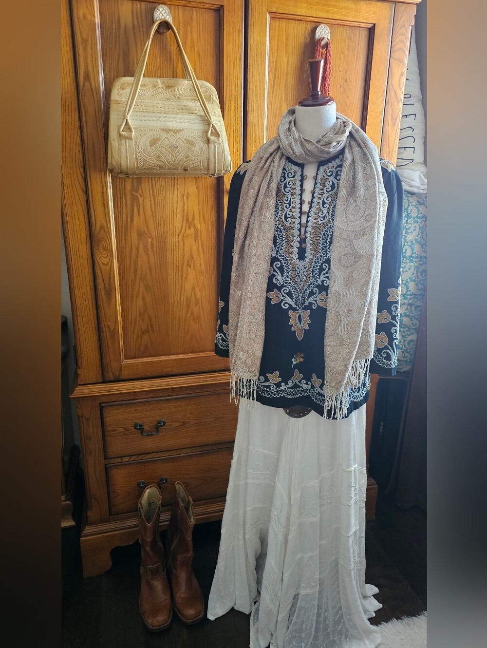 Vintage 1970s Black Embroidered Indian Boho Tunic Blouse Folk Hippie Top